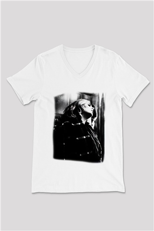 Adele Beyaz Unisex V Yaka Tişört T-Shirt