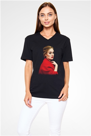 Adele Siyah Unisex V Yaka Tişört T-Shirt