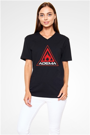Adema Baskılı Unisex Siyah V Yaka Tişört - Tshirt