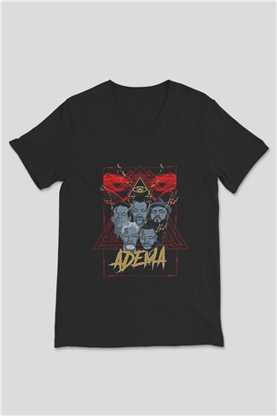 Adema Baskılı Unisex Siyah V Yaka Tişört - Tshirt