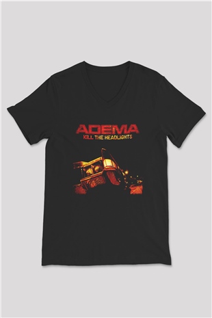 Adema Baskılı Unisex Siyah V Yaka Tişört - Tshirt