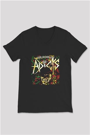 Adicts Baskılı Unisex Siyah V Yaka Tişört