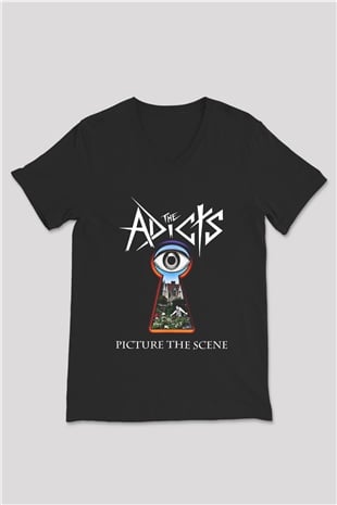 Adicts Baskılı Unisex Siyah V Yaka Tişört