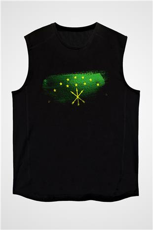 Adigey - Adygea Bayrağı Baskılı Unisex Siyah Kolsuz Tişört