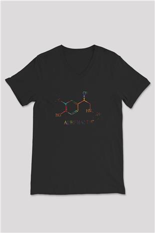 Adrenalin Molekülü Kimyasal Form Baskılı Unisex V Yaka Siyah Tİşört - Tshirt