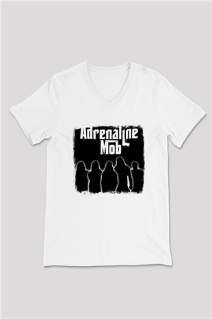 Adrenaline Mob Baskılı Unisex Beyaz V Yaka Tişört