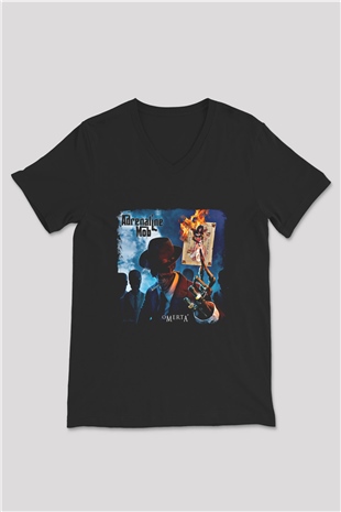 Adrenaline Mob Baskılı Unisex Siyah V Yaka Tişört