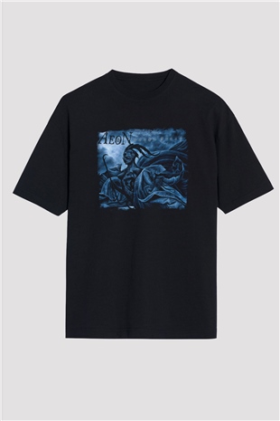 Aeon Baskılı Unisex Siyah Oversize Tişört