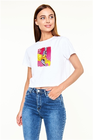 Aerosmith Baskılı Unisex Beyaz Crop Top Tişört