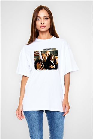 Aerosmith Baskılı Unisex Beyaz Oversize Tişört