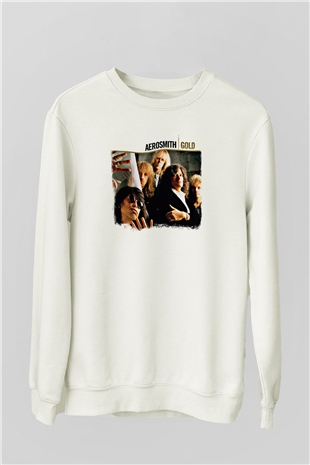 Aerosmith Baskılı Unisex Beyaz Sweatshirt