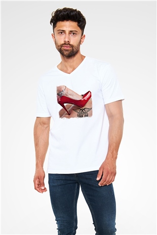 Aerosmith Baskılı Unisex Beyaz V Yaka Tişört