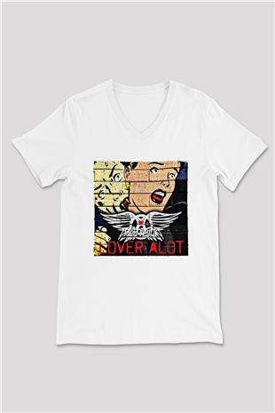 Aerosmith Baskılı Unisex Beyaz V Yaka Tişört