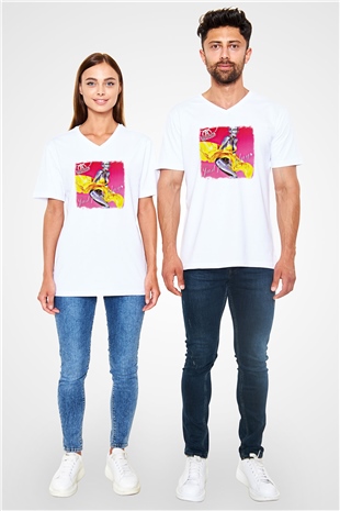 Aerosmith Baskılı Unisex Beyaz V Yaka Tişört