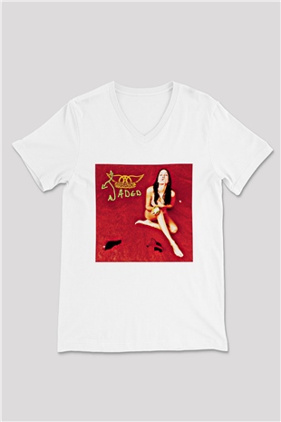 Aerosmith Baskılı Unisex Beyaz V Yaka Tişört