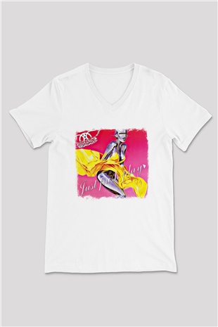 Aerosmith Baskılı Unisex Beyaz V Yaka Tişört