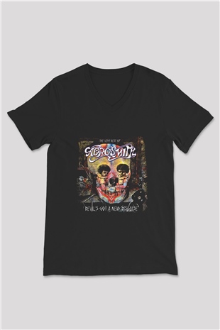Aerosmith Baskılı Unisex Siyah V Yaka Tişört
