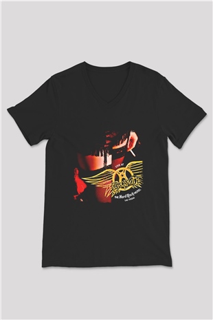 Aerosmith Baskılı Unisex Siyah V Yaka Tişört