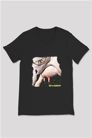 Aerosmith Baskılı Unisex Siyah V Yaka Tişört