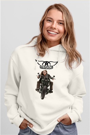 Aerosmith Beyaz Unisex Kapşonlu Sweatshirt