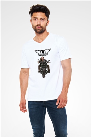 Aerosmith Beyaz Unisex V Yaka Tişört T-Shirt