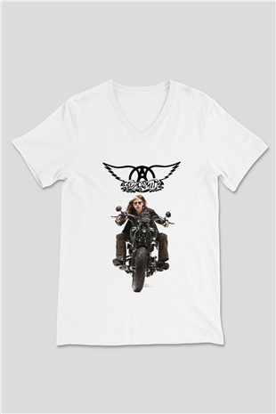 Aerosmith Beyaz Unisex V Yaka Tişört T-Shirt