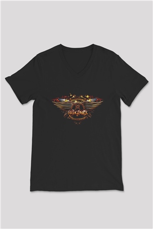 Aerosmith Siyah Unisex V Yaka Tişört T-Shirt