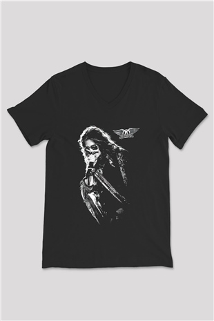 Aerosmith Siyah Unisex V Yaka Tişört T-Shirt