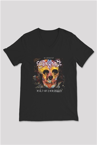 Aerosmith Siyah Unisex V Yaka Tişört T-Shirt