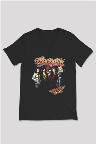 Aerosmith Siyah Unisex V Yaka Tişört T-Shirt