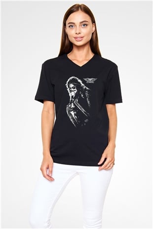 Aerosmith Siyah Unisex V Yaka Tişört T-Shirt
