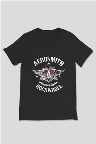 Aerosmith Siyah Unisex V Yaka Tişört T-Shirt