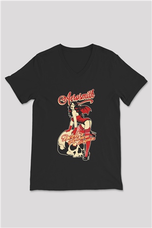 Aerosmith Siyah Unisex V Yaka Tişört T-Shirt