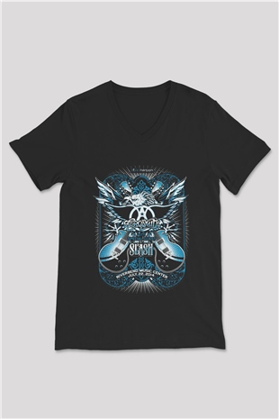 Aerosmith Siyah Unisex V Yaka Tişört T-Shirt