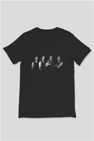 Aeternam Baskılı Unisex Siyah V Yaka Tişört - Tshirt