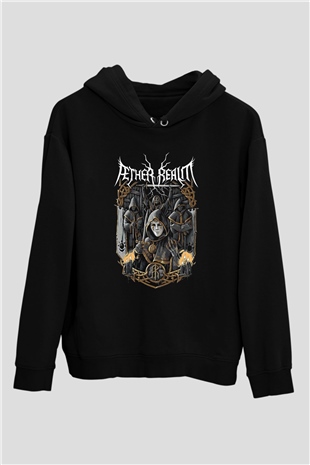 Aether Realm Baskılı Unisex Siyah Kapüşonlu Sweatshirt