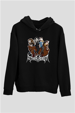 Aether Realm Baskılı Unisex Siyah Kapüşonlu Sweatshirt