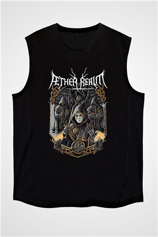 Aether Realm Baskılı Unisex Siyah Kolsuz Tişört - Tshirt