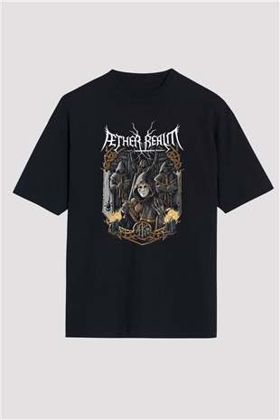Aether Realm Baskılı Unisex Siyah Oversize Tişört - Tshirt