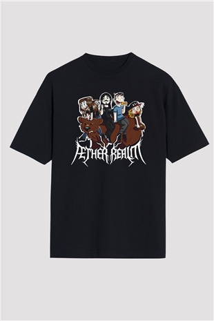 Aether Realm Baskılı Unisex Siyah Oversize Tişört - Tshirt