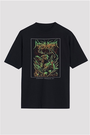 Aether Realm Baskılı Unisex Siyah Oversize Tişört - Tshirt