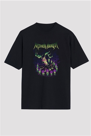 Aether Realm Baskılı Unisex Siyah Oversize Tişört - Tshirt