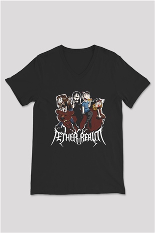 Aether Realm Baskılı Unisex Siyah V Yaka Tişört - Tshirt