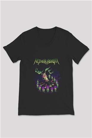 Aether Realm Baskılı Unisex Siyah V Yaka Tişört - Tshirt