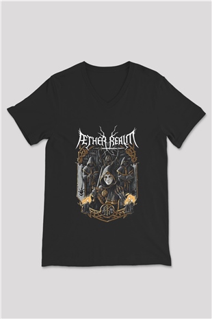 Aether Realm Baskılı Unisex Siyah V Yaka Tişört - Tshirt