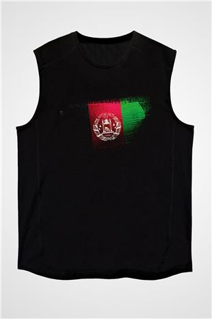 Afganistan - Afghanistan Bayrağı Baskılı Unisex Siyah Kolsuz Tişört