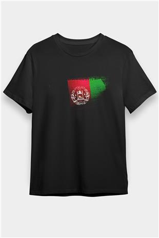 Afganistan - Afghanistan Bayrağı Baskılı Unisex Siyah Tişört