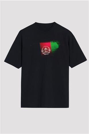 Afganistan - Afghanistan Bayrağı Baskılı Unisex Siyah Oversize Tişört