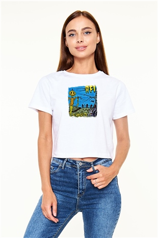 Afi Baskılı Unisex Beyaz Crop Top Tişört