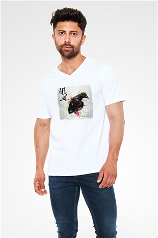Afi Baskılı Unisex Beyaz V Yaka Tişört